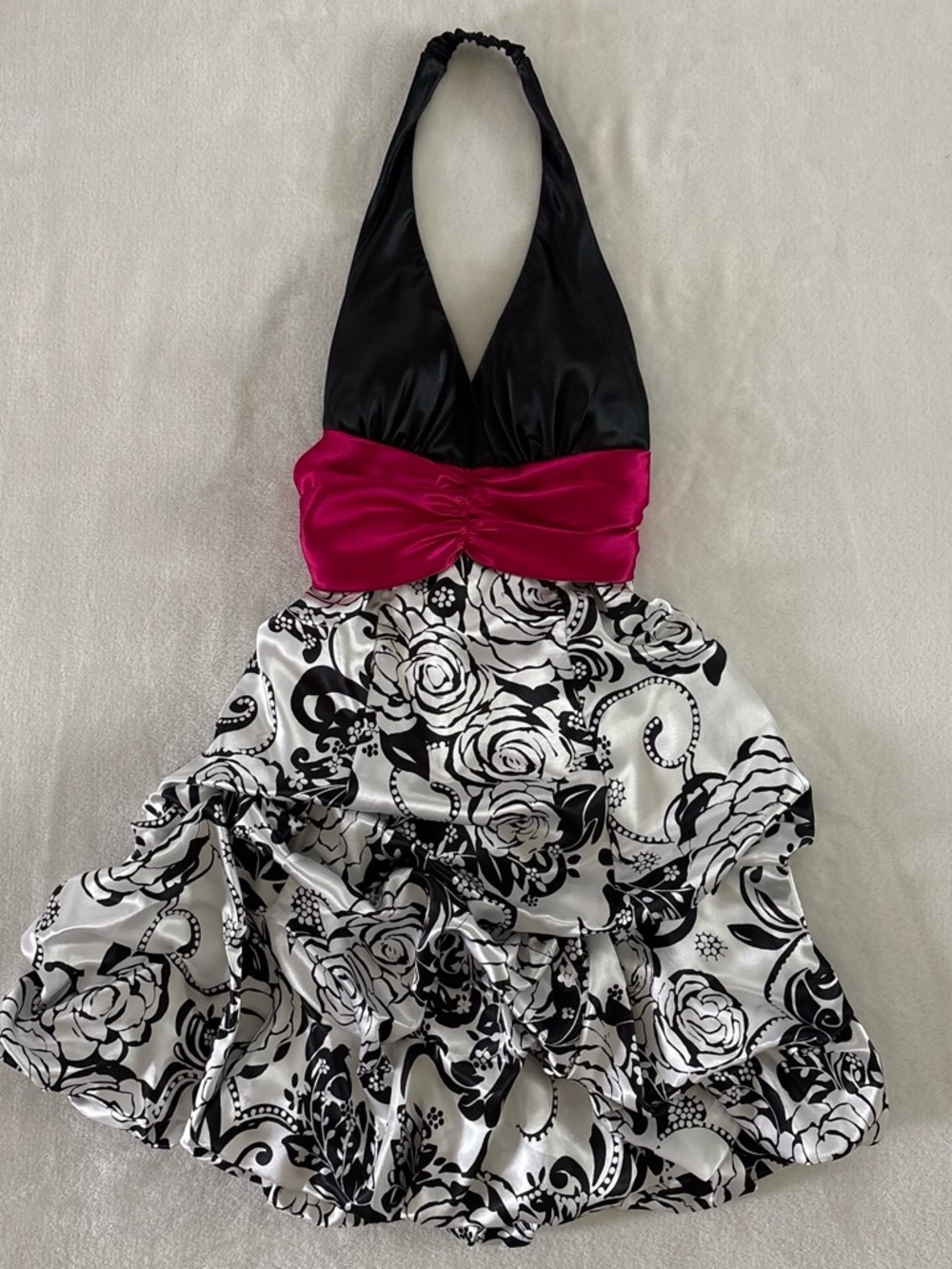 Y2K Taboo White Black Pink Floral Halter Mini Dress Small 3/4
